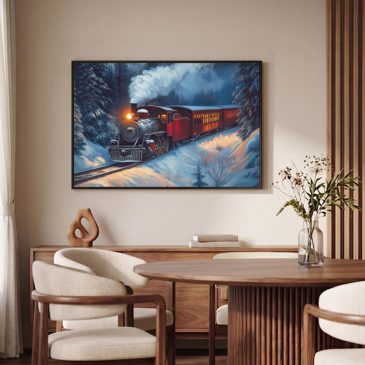 LEINWAND Bilder mit Rahmen - Zug - Weihnachten - Schnee - Weihnachtszug - 90x60 - Anthrazit, Textil (90/60cm) - MuchoWow