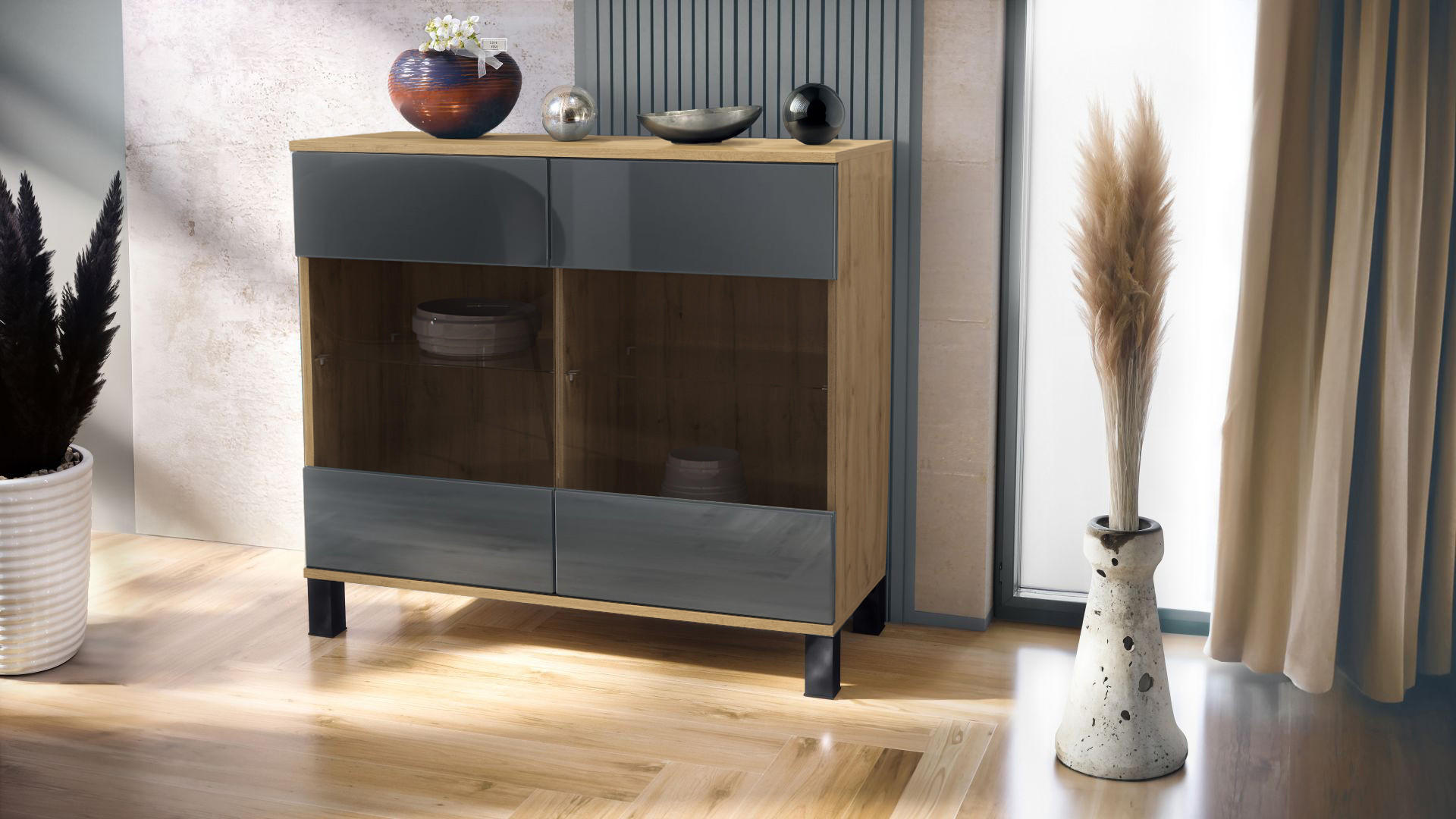 KOMMODE Bari Grau Hochglanz - Grau, Holzwerkstoff (92.5/84.5/35cm) - Vladon