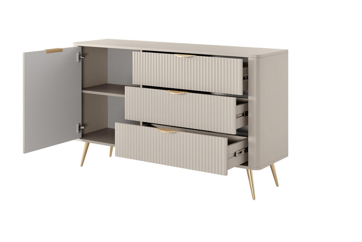 SIDEBOARD Flore 138 cm Beige / Gold - mit 3 Schubladen und 1 Tür - Riffel-Optik - Beige/Gelb, Holz/Holzwerkstoff (138/81/38cm) - Ravio