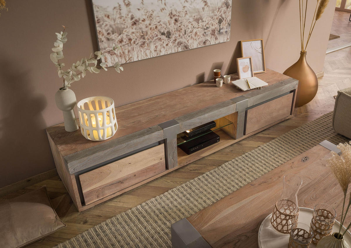 TV-BOARD Akazie 205x48x39 beige lackiert Amsterdam #102 - Beige, Holz (205/39/48cm) - Massivmoebel24