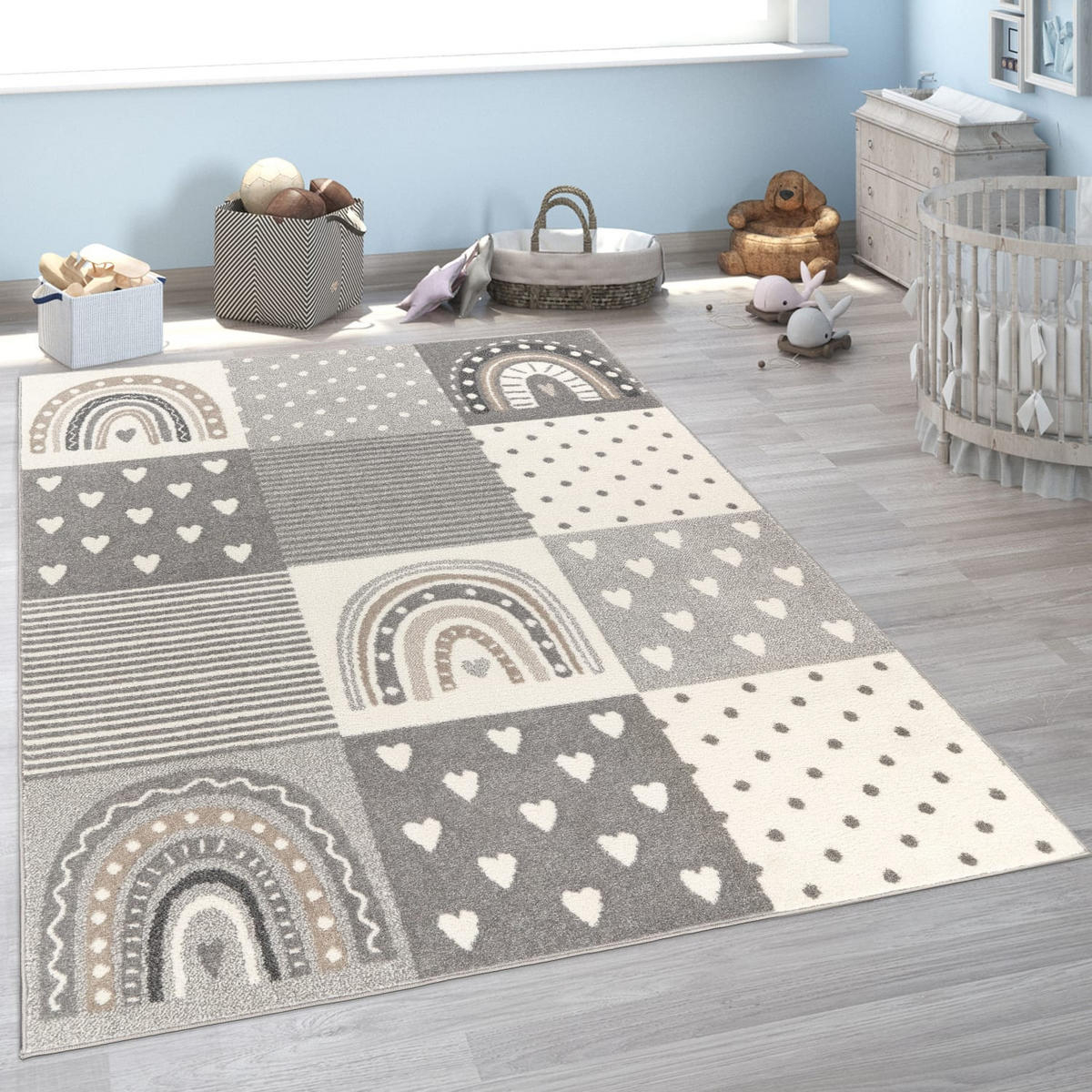 KINDERTEPPICH Prinzessinnen‑Patchwork Kinderzimmer schmutzabweisend Grau Rechteckig 80x150 - Grau, Textil (80/150cm) - KADIMA DESIGN