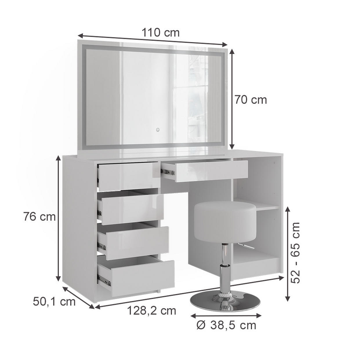 SCHMINKTISCH Sherry Weiß/Weiß Hochglanz 128.2 cm mit LED-Spiegel und Hocker - Weiß Hochglanz, Holzwerkstoff (128.2/76/50.1cm) - Vicco