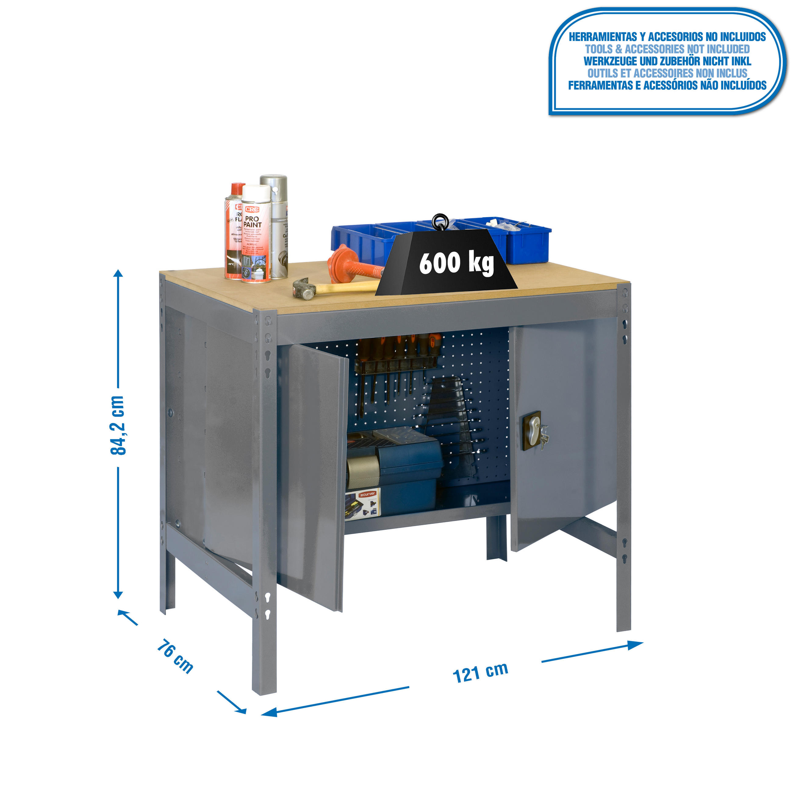 WERKBANK BUFFALO mit Schrank | HxBxT 84x120x76cm | Traglast 600kg | Grau - Grau, Metall (120/84/76cm) - PROREGAL