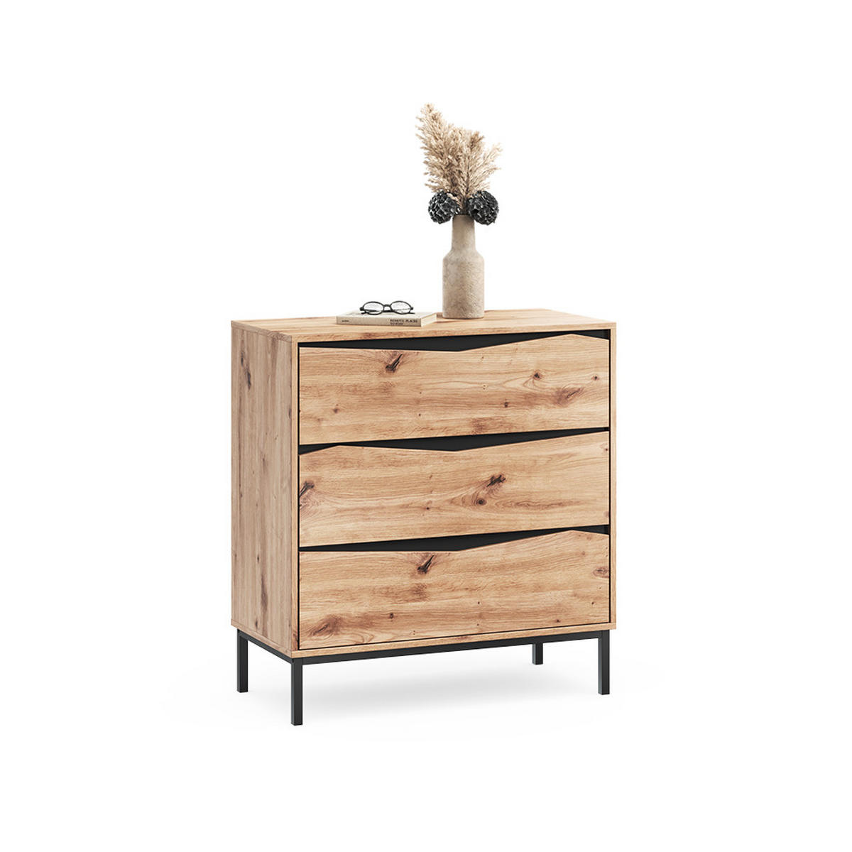 KOMMODE Elvano, Eiche/Schwarz, 79.2 x 85 cm mit 3 Schubladen - Eichefarben/Schwarz, Holzwerkstoff (79.2/85/39.2cm) - Vicco