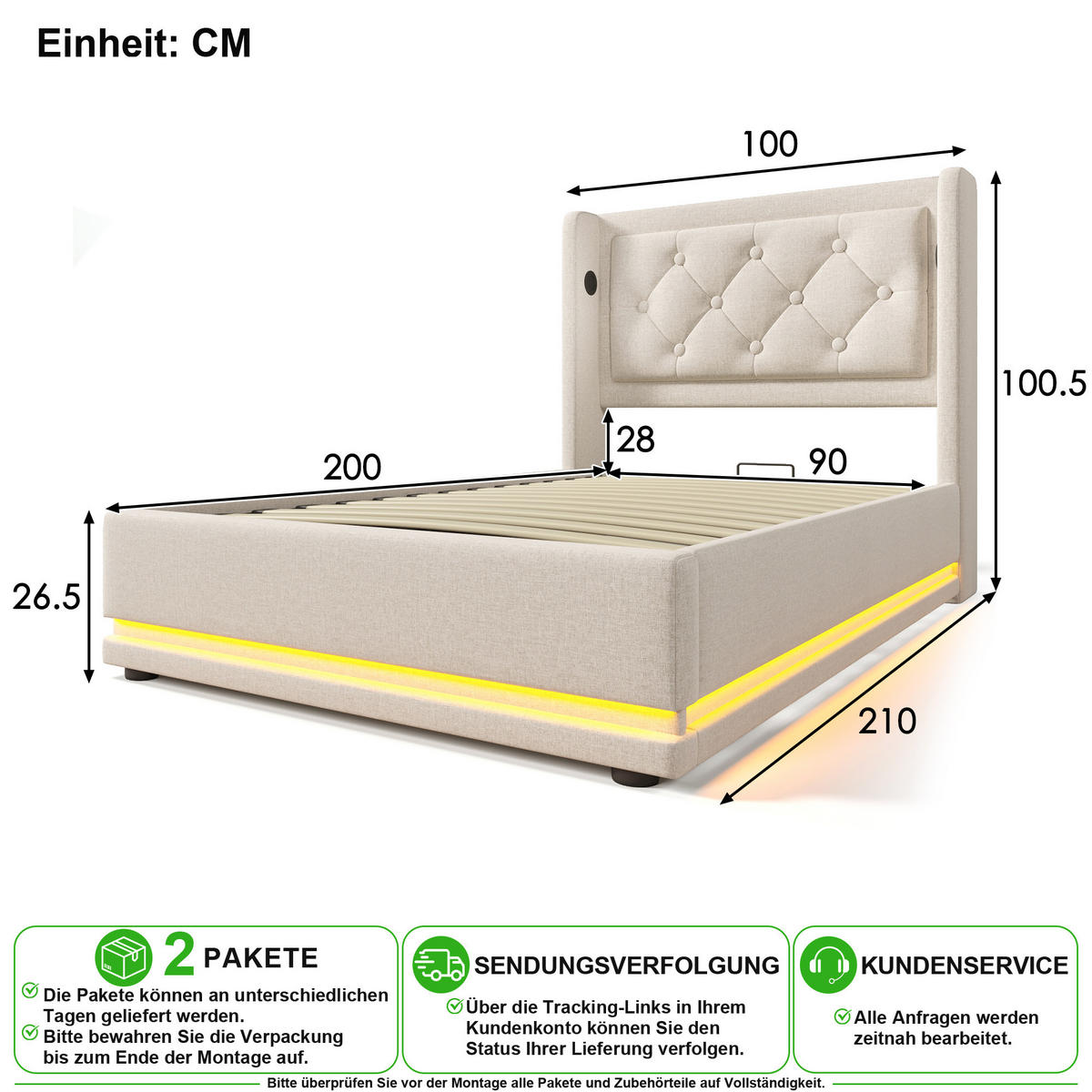 POLSTERBETT 90/200 cm in Beige mit Bettkasten, LED und USB/Type-C Baumwolle - Beige, Holzwerkstoff/Textil (90/200cm) - CHICFURN
