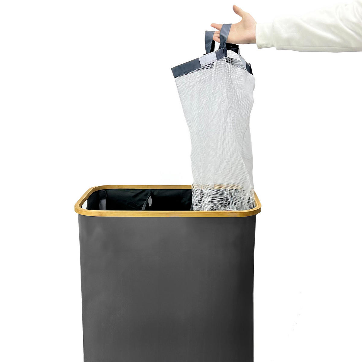 WÄSCHEKORB Bambus Textil Anthrazit mit 3 Fächern 57×37×67 cm - Anthrazit/Naturfarben, Holz/Textil (57/67/37cm) - Begryf