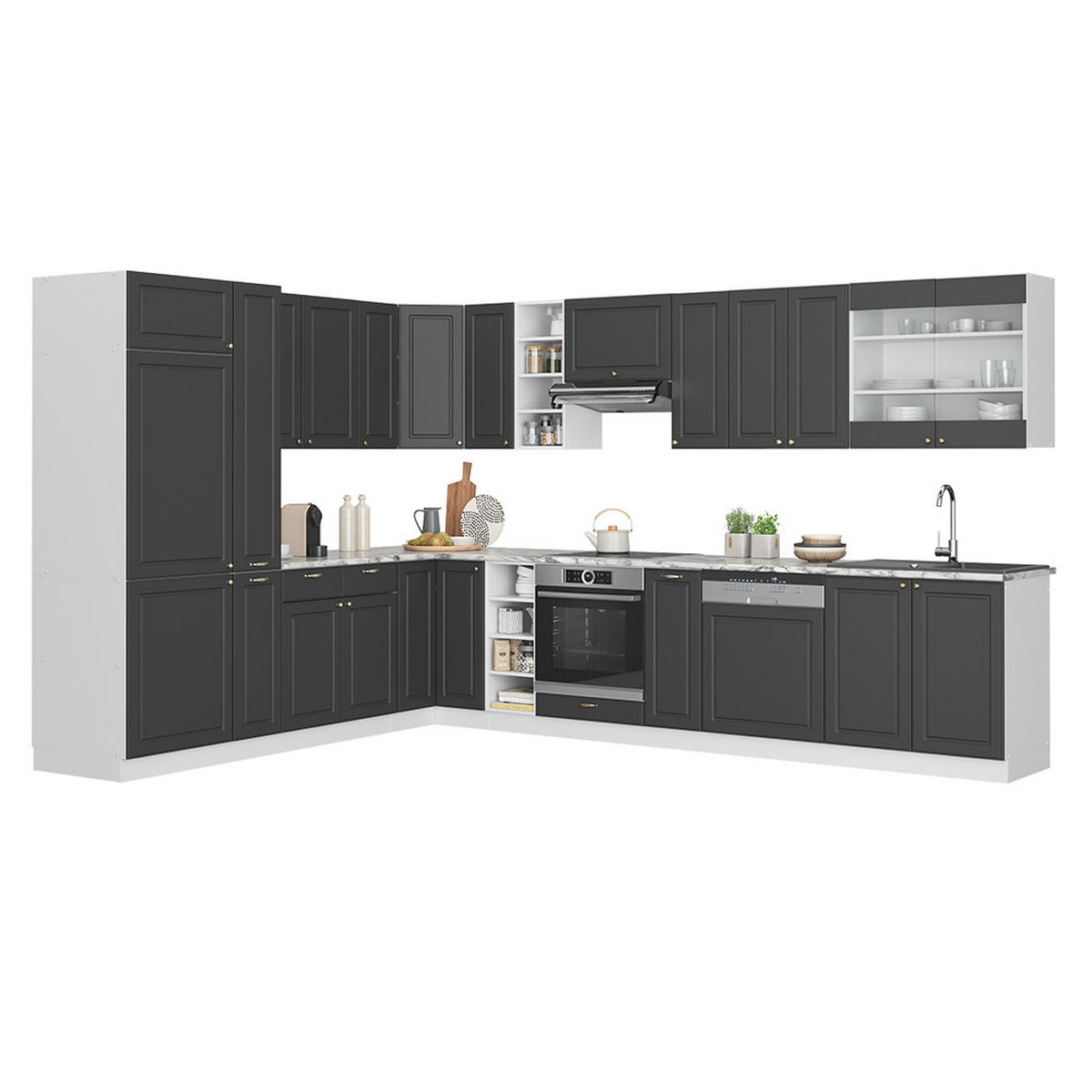 ECKKÜCHE Fame-Line Anthrazit Landhaus/Weiß 347 x 257 cm ohne AP - Dunkelgrau/Weiß, Holzwerkstoff (347/81.6/46cm) - Vicco