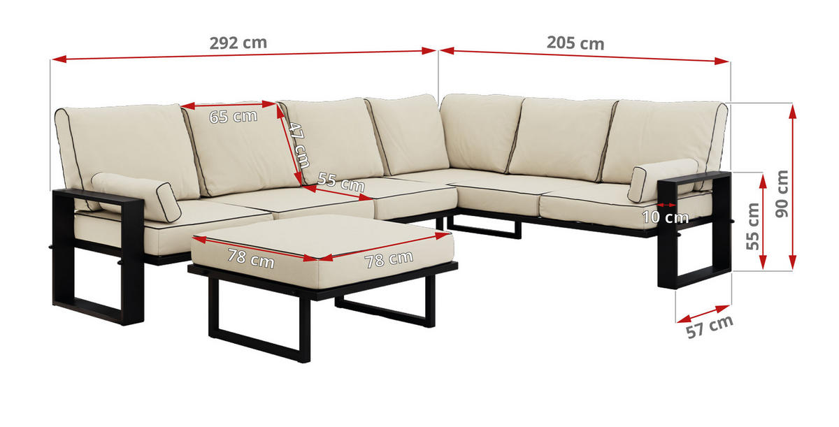 GARTENMÖBEL-SET ELBA:  1x Tisch, 1x Ecksofa, 1x Hocker - Beige - Beige, Textil - MKS