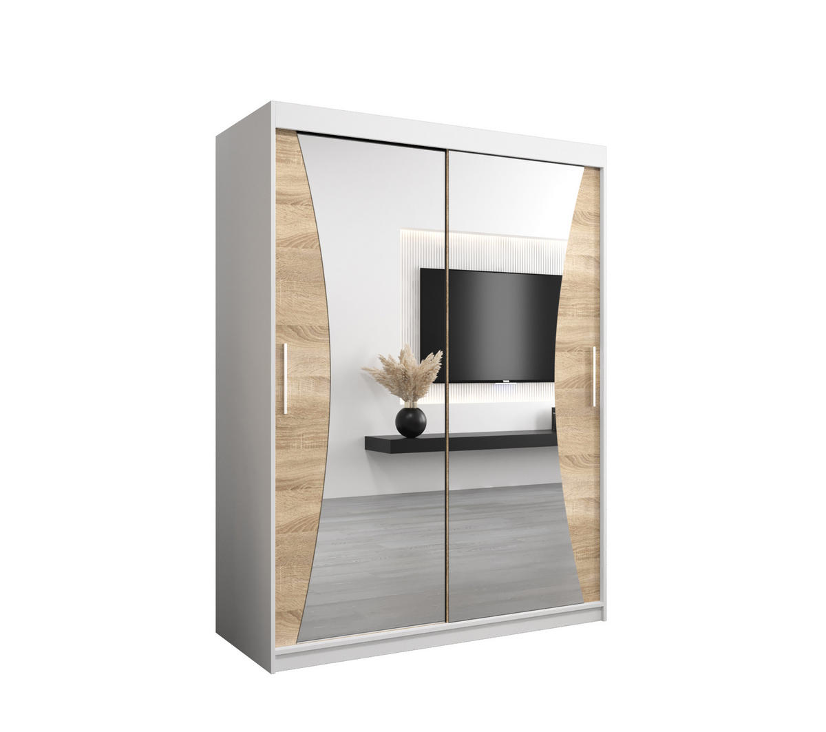 SCHWEBETÜRENSCHRANK 200/150/62 2-türig - Silberfarben/Weiß, Holz/Kunststoff (150/200/62cm) - Abiks Möbel