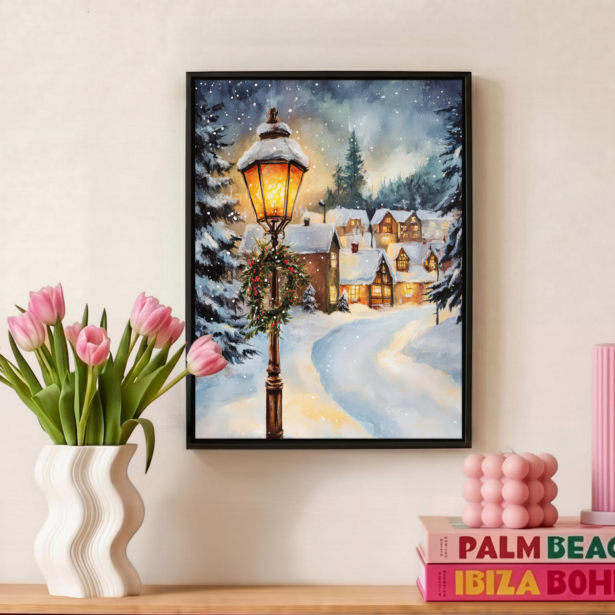 LEINWAND Bilder mit Rahmen - Weihnachtsdorf - Häuser - Schnee - Weihnachten - 30x40 - Sandfarben, Textil (30/40cm) - MuchoWow