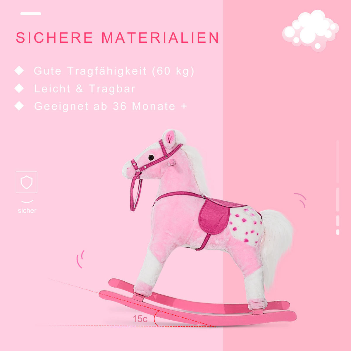 KINDER Schaukelpferd Wiehern Schaukeltier Schaukelspielzeug Rosa - Rosa, Holz (28/65/74cm) - HOMCOM