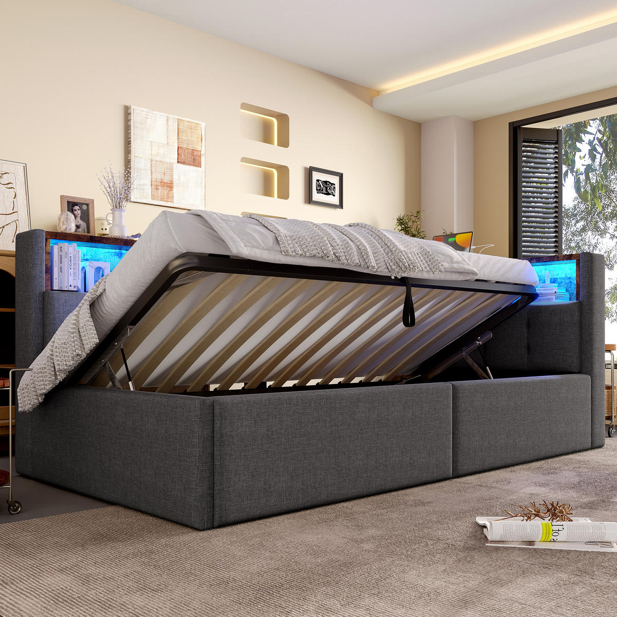 TAGEBETT 90x200cm Grau Leinen USB-C Hydraulik LED-Streifen - Grau, Holz (90/200cm) - FLIEKS