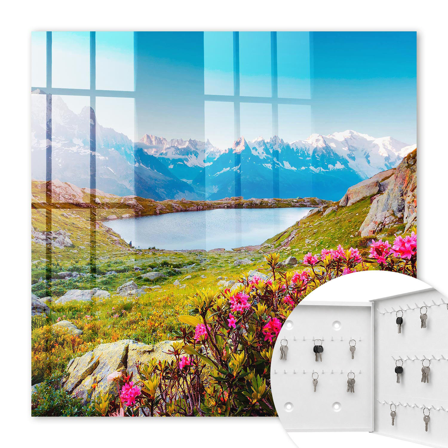 SCHLÜSSELBOX Weiß 30x30 cm – Türöffnung nach rechts - Berglandschaft - Blau, Metall (30/30/5cm) - TULUP