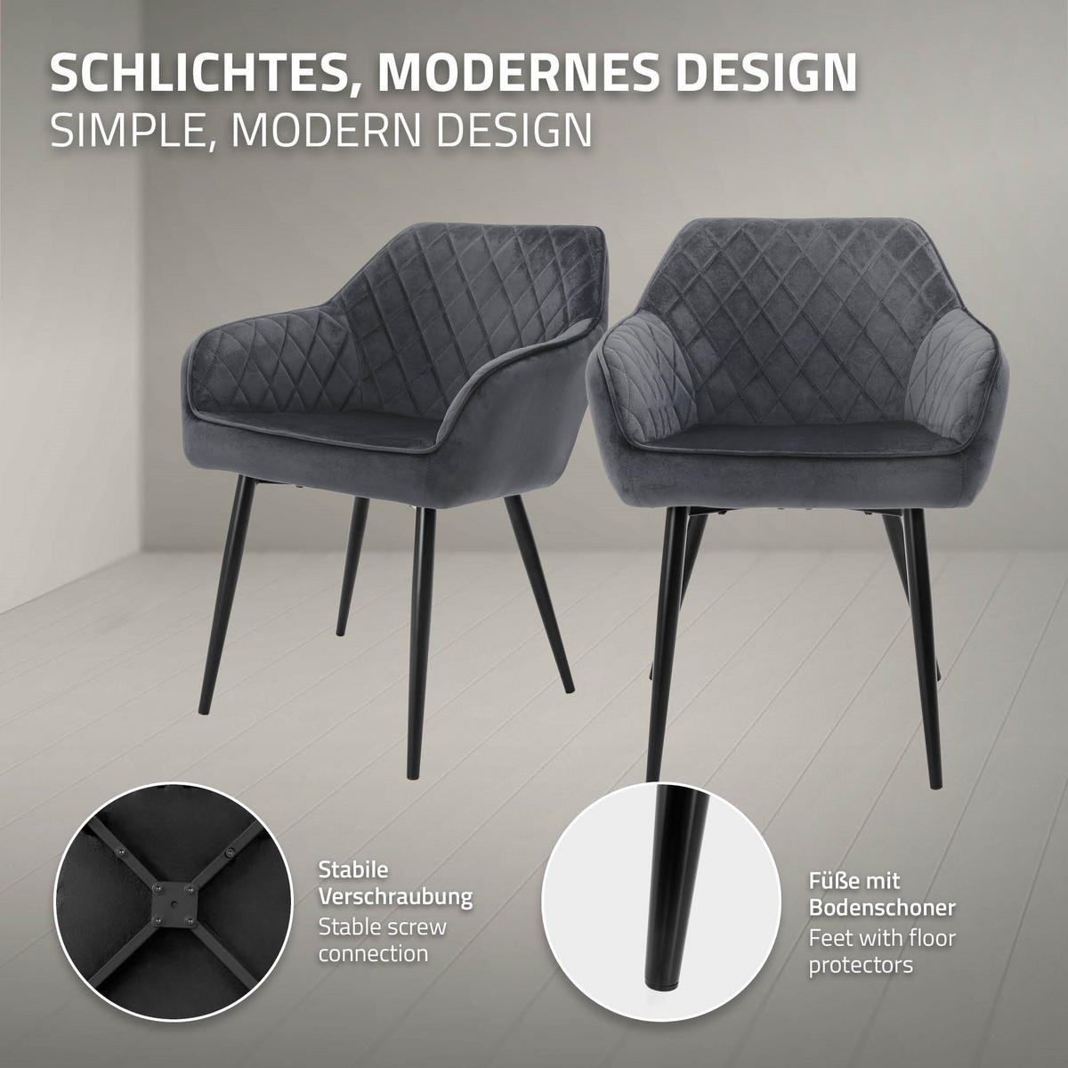 ESSZIMMERSTUHL 6er Set Anthrazit Samt - Anthrazit/Schwarz, Textil/Metall (63/80/60cm) - ML-DESIGN
