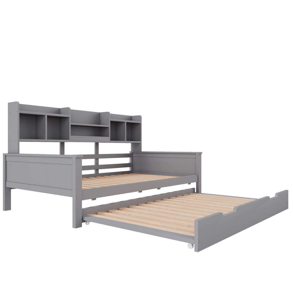 BETT mit integriertem Regal und Ausziehfunktion Kiefernholz Grau 90/200 cm - Grau, Holz (90/200cm) - OKWISH