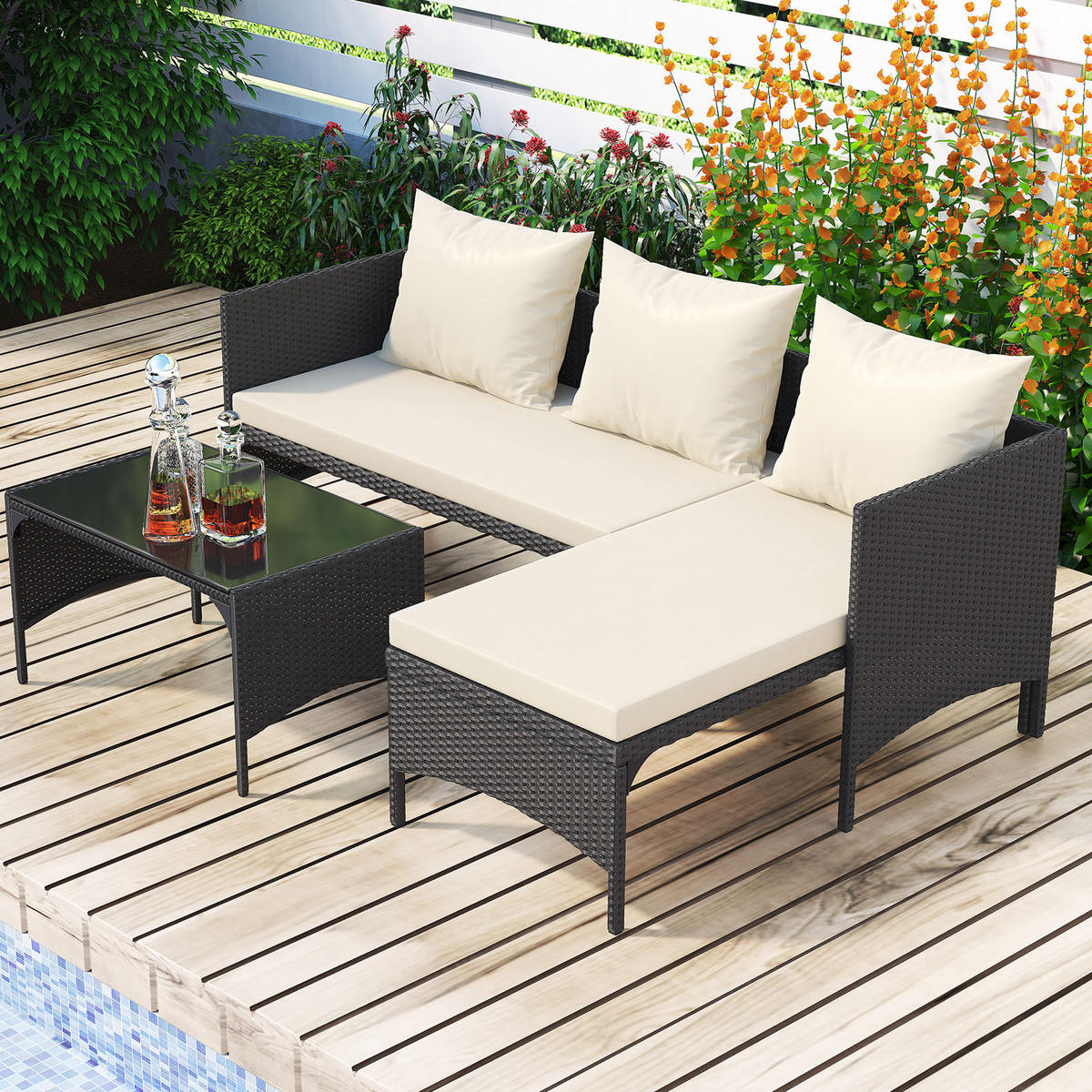 ECKSOFA Loungeset 3tlg Schwarz Gartensofa Modular - Schwarz, Textil - Rattrix