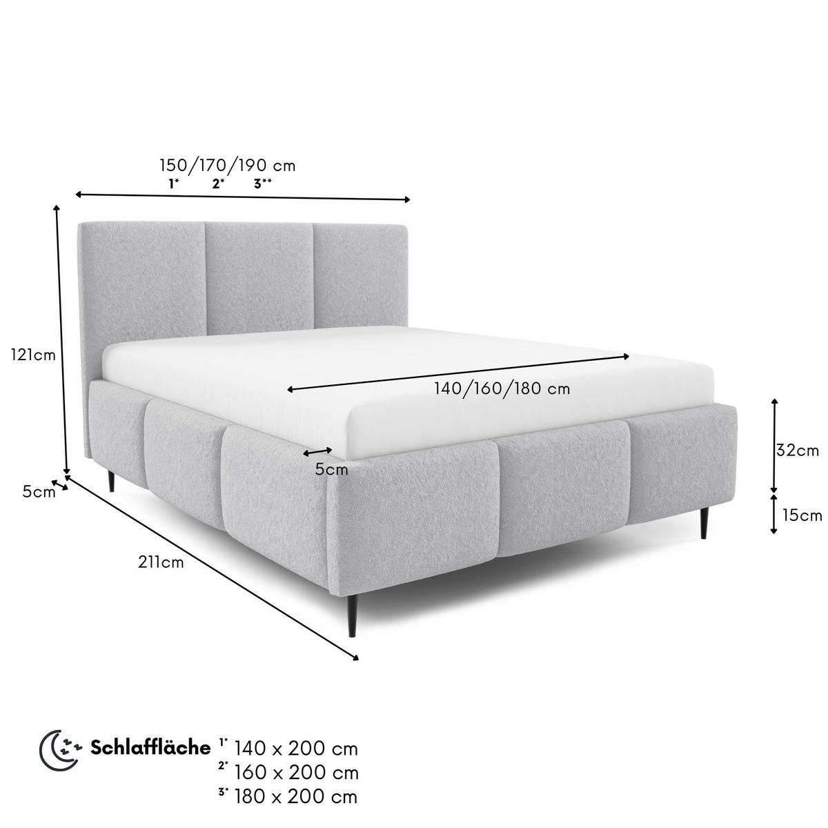 POLSTERBETT VALERIO mit Beinen mit Bettkasten, Bett 180x200,Doppelbett,Lattenrost,Boxspringbett-Optik,ohne Matratze,Schlafzimmer-Grau - Grau, Holz (180/200cm) - Furnistar
