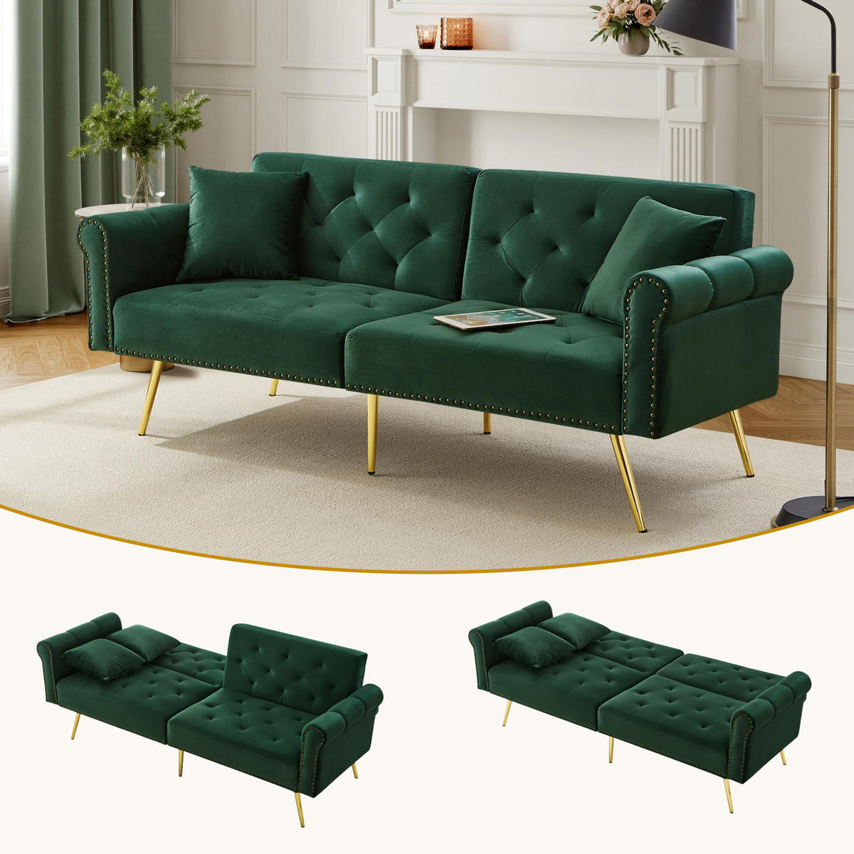 SCHLAFSOFA 173/75/70 cm Antikgrün Samt mit 3-stufiger Verstellung - Mooreichefarben, Textil (173/70/75cm) - Oxeza