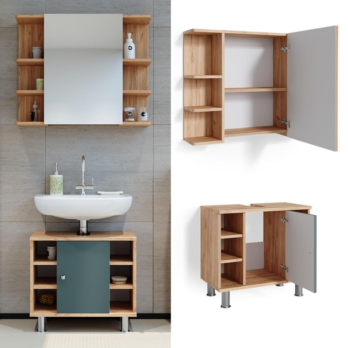 BADMÖBEL-SET Fynn Grün 2 Teile - Honigeiche/Grün, Holzwerkstoff (60/54/32cm) - Vicco