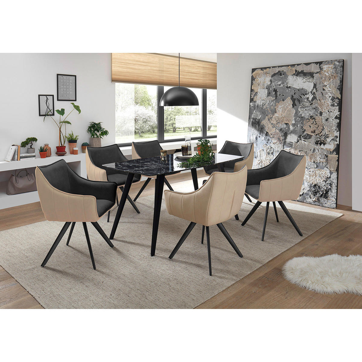 ARMLEHNENSTUHL - 2er-Set - Microfaser / Metall - Grau / Beige / Anthrazit - Anthrazit/Beige, Textil/Metall (61/88/62cm) - home24