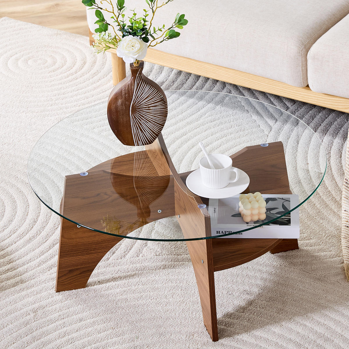 COUCHTISCH in Walnussfarbe Moderner runder Beistelltisch für Esszimmer und Wohnzimmer, Ø80/H36 cm - Transparent/Walnussfarben, Glas/Holzwerkstoff (80/80/36cm) - STILVORA