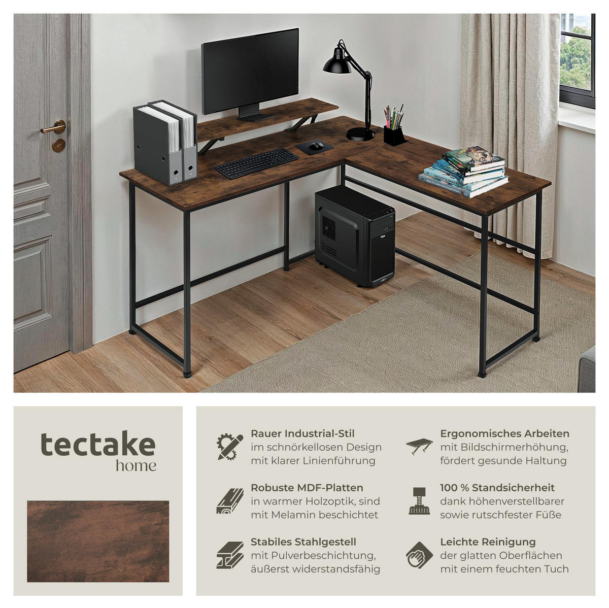 SCHREIBTISCH Melrose,140 x 130 x 76,5 cm,Industrial Holz dunkel, rustikal - Rostfarben, Holz (140/130/76.5cm) - tectake
