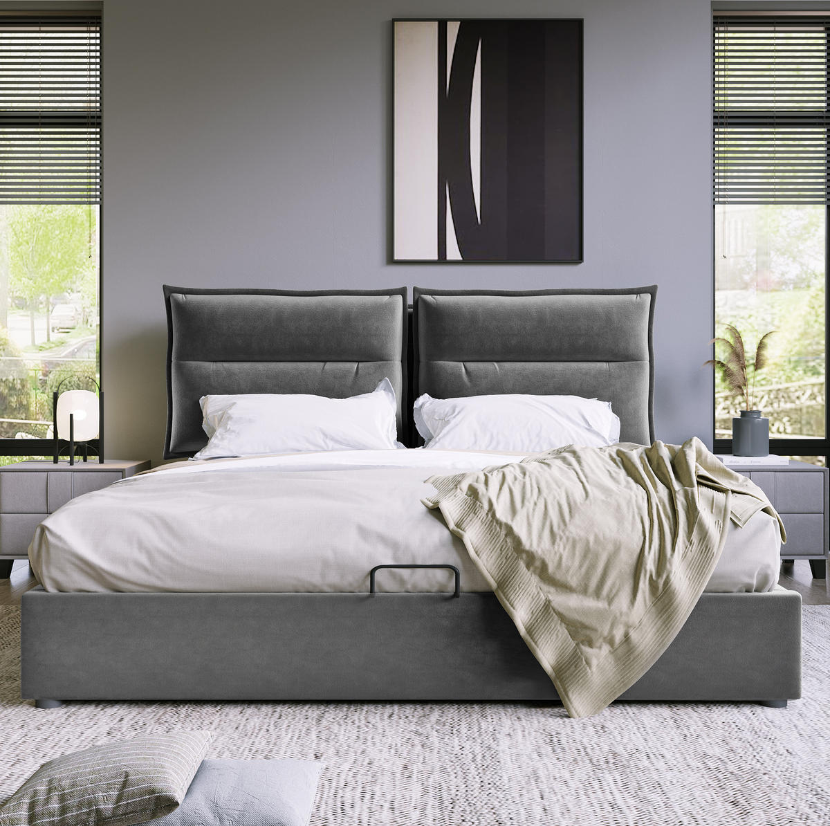 POLSTERBETT 140/200 cm Grau aus Samt mit Stauraum und verstellbarem Kopfteil - Grau, Textil (140/200cm) - Flora Grace