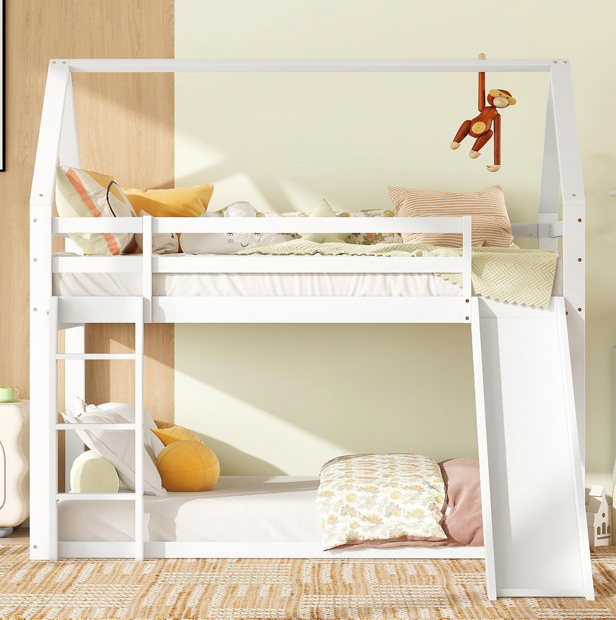 KATNI krevet od borovine 90x200 cm bijela s toboganom i ljestvama, kućni oblik - bijela, drvni materijal (90/200cm) - Modfu