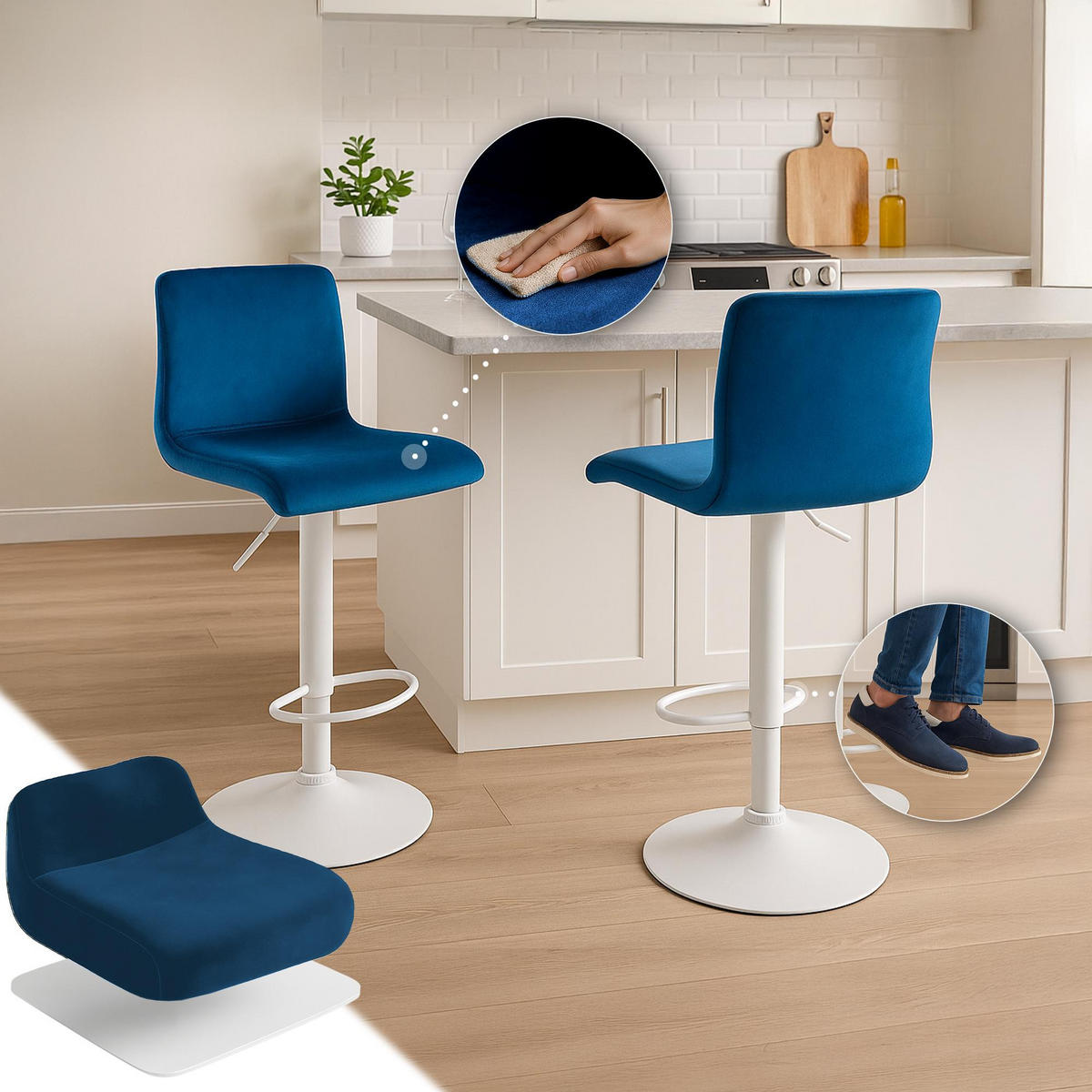 BARHOCKER Samt Blau - Blau, Textil (39/83/36cm) - CLP
