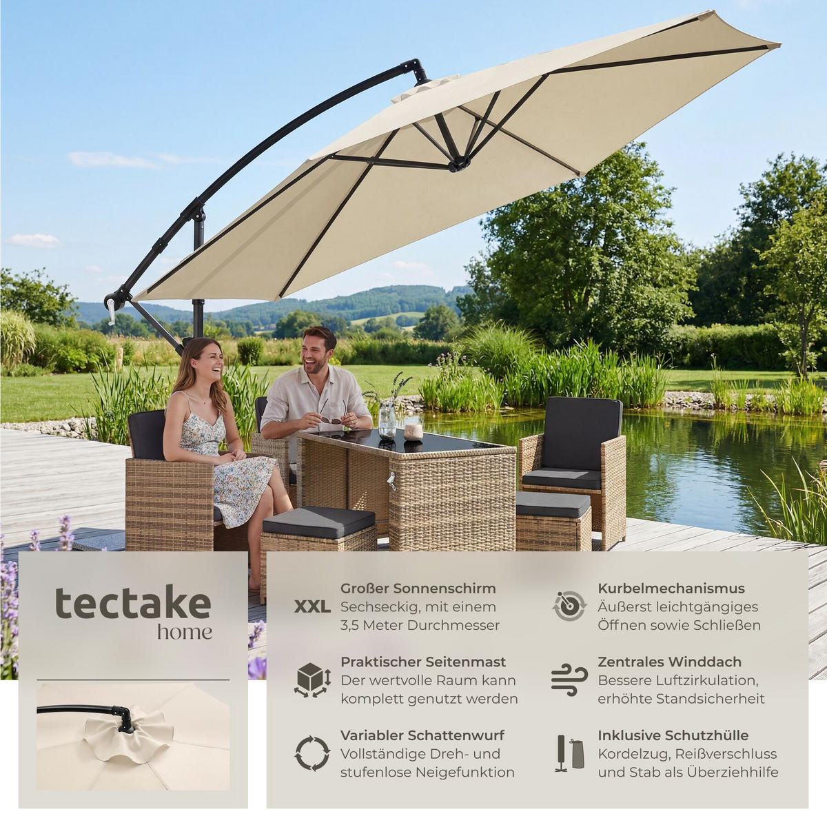 AMPELSCHIRM Artemis, inkl. Schutzhülle, beige - Beige, Metall (350/337cm) - tectake