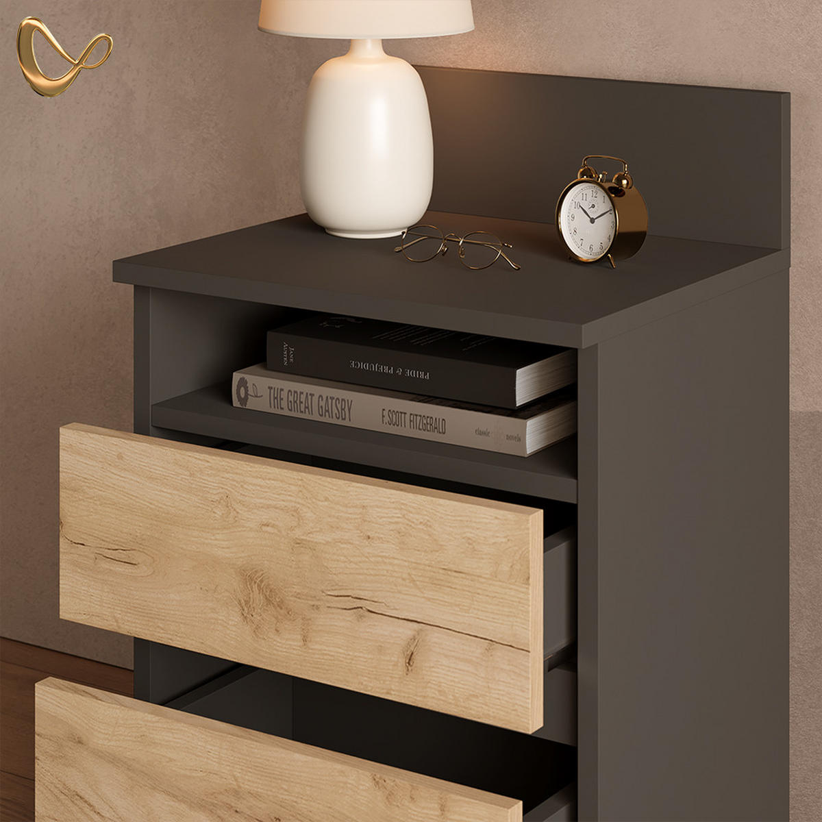 NACHTTISCH Roya, Anthrazit/Goldkraft Eiche, 2-teilig - Honigeiche/Anthrazit, Holzwerkstoff (39.6/59.1/32.3cm) - Livinity®