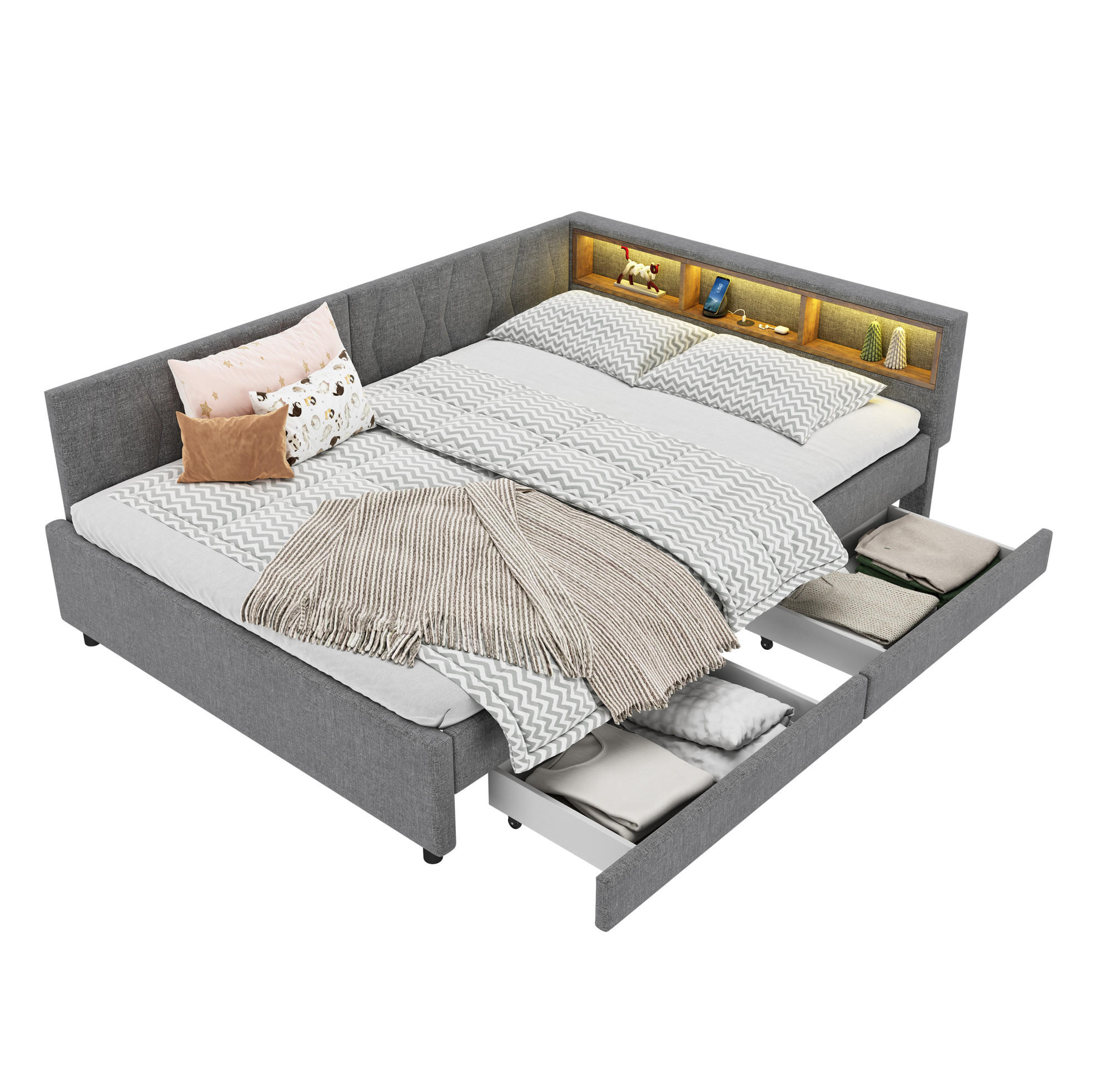 POLSTERBETT 140/200 cm aus Leinen und MDF mit LED-Lichtleiste, USB-C und 2 Schubladen Grau - Grau, Textil (140/200cm) - Modenvie