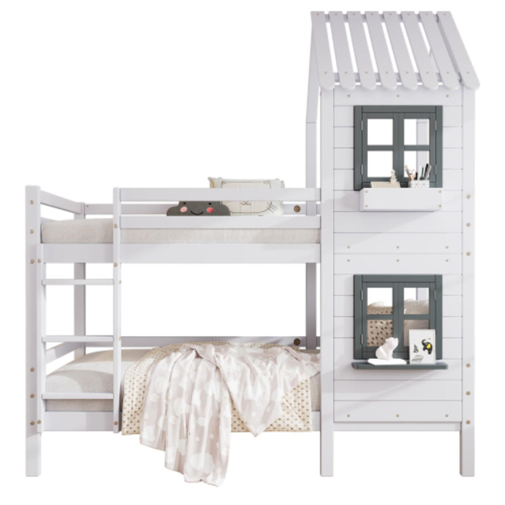 HAUS-ETAGENBETT Kinder 90x200 mit Fenster, Leiter und Handlauf, aus Kiefer Holz, Spielbett fürs Kinderzimmer, weiß-grau - Weiß, Holz (90/200cm) - Luhomfu