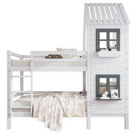 HAUS-ETAGENBETT Kinder 90x200 mit Fenster, Leiter und Handlauf, aus Kiefer Holz, Spielbett fürs Kinderzimmer, weiß-grau - Weiß, Holz (90/200cm) - Luhomfu