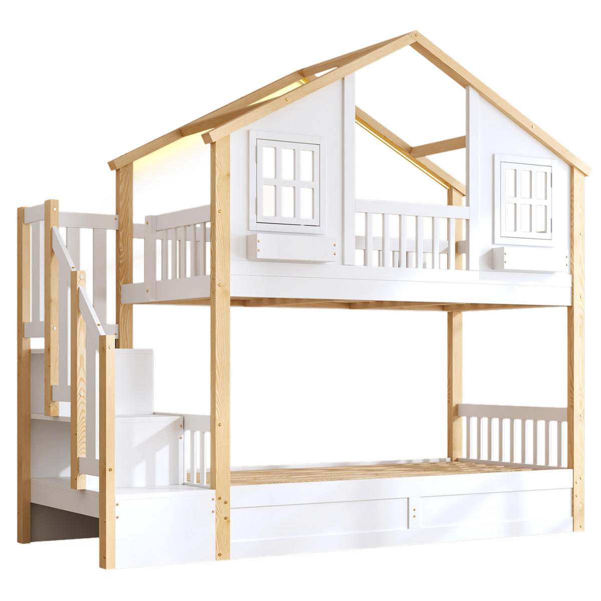 HAUSBETT 90/200 cm aus Kiefer mit Stauraumtreppe und LED-Beleuchtung - Weiß, Holzwerkstoff (90/200cm) - BEAOK