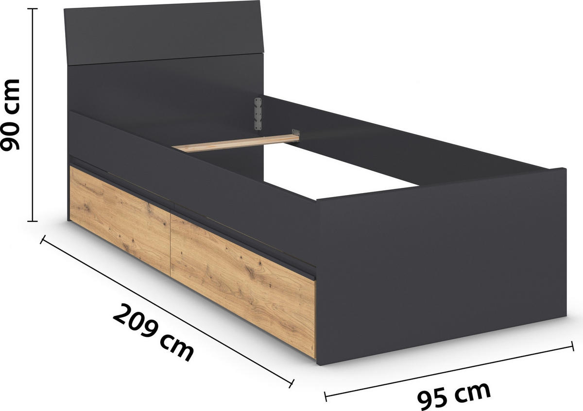 JUGENDZIMMER Joel in Grau Metallic und Artisan Eiche 5 teilig – mit 3trg Kleiderschrank, 90er Bett, Nachttisch, Schreibtisch und Rollcontainer - Grau, Holzwerkstoff (80/200/120cm)