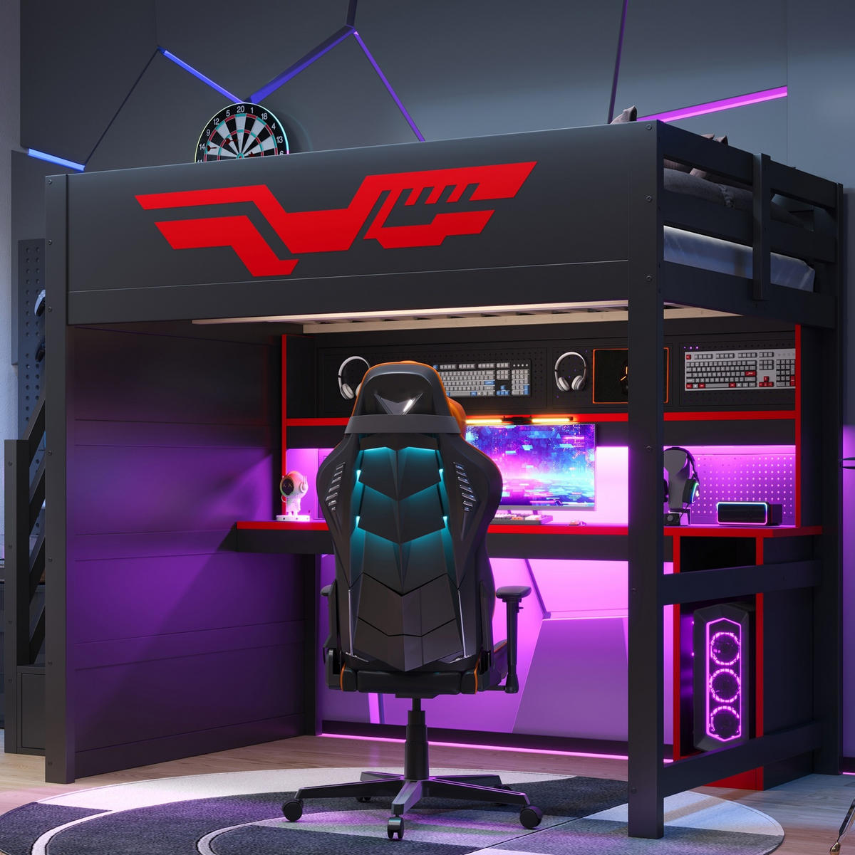 GAMING-HOCHBETT MDF & Sperrholz 140x200 cm Schwarz/Rot mit Schreibtisch, Stauraumtreppe, LED und USB - Schwarz, Holzwerkstoff (140/200cm) - Modfu