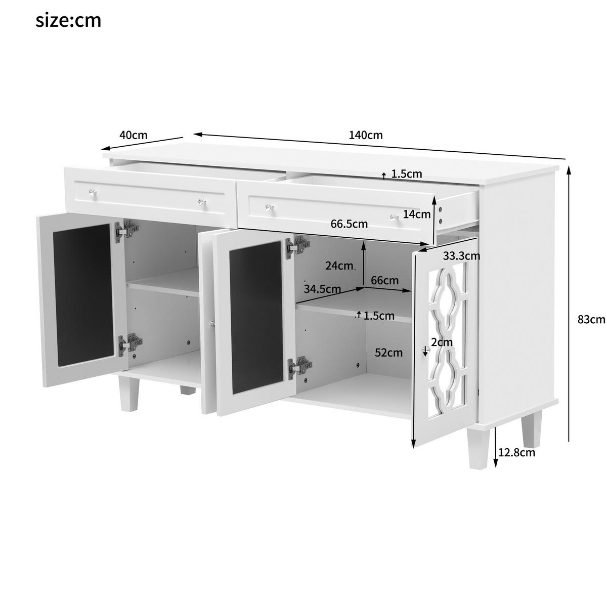 BOČNÍ skříň 140/40/83 cm bílá z MDF se čtyřmi zrcadlovými dvířky a zásuvkami - bílá, kompozitní dřevo (140/83/40cm) - OKWISH