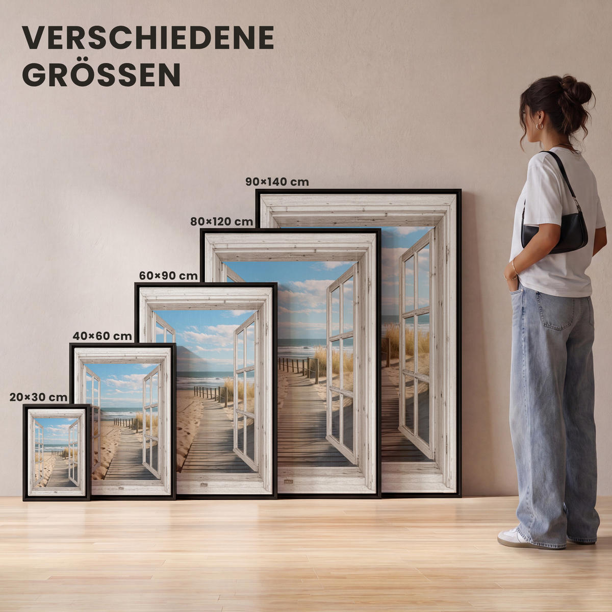 LEINWAND Bilder mit Rahmen - Fenster - Meer - Küste - Natur - Ausblick - Strand - Wattenmeer - 100x150 - Beige, Textil (100/150cm) - MuchoWow