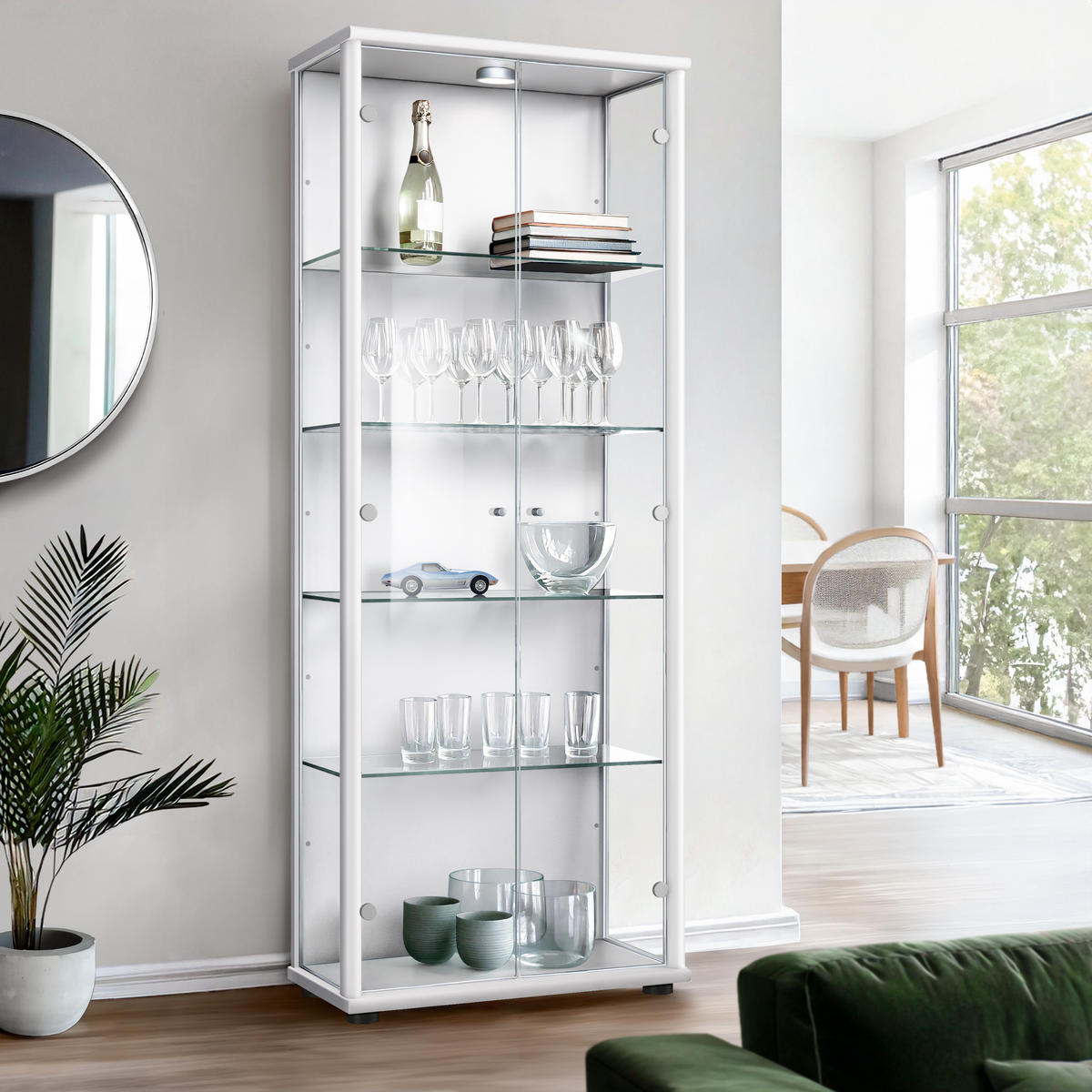 GLASVITRINE 33/67/176 cm mit LED & 4 höhenverstellbaren Glasböden - Transparent/Silberfarben, Glas/Holzwerkstoff (67/176/33cm) - K-Möbel