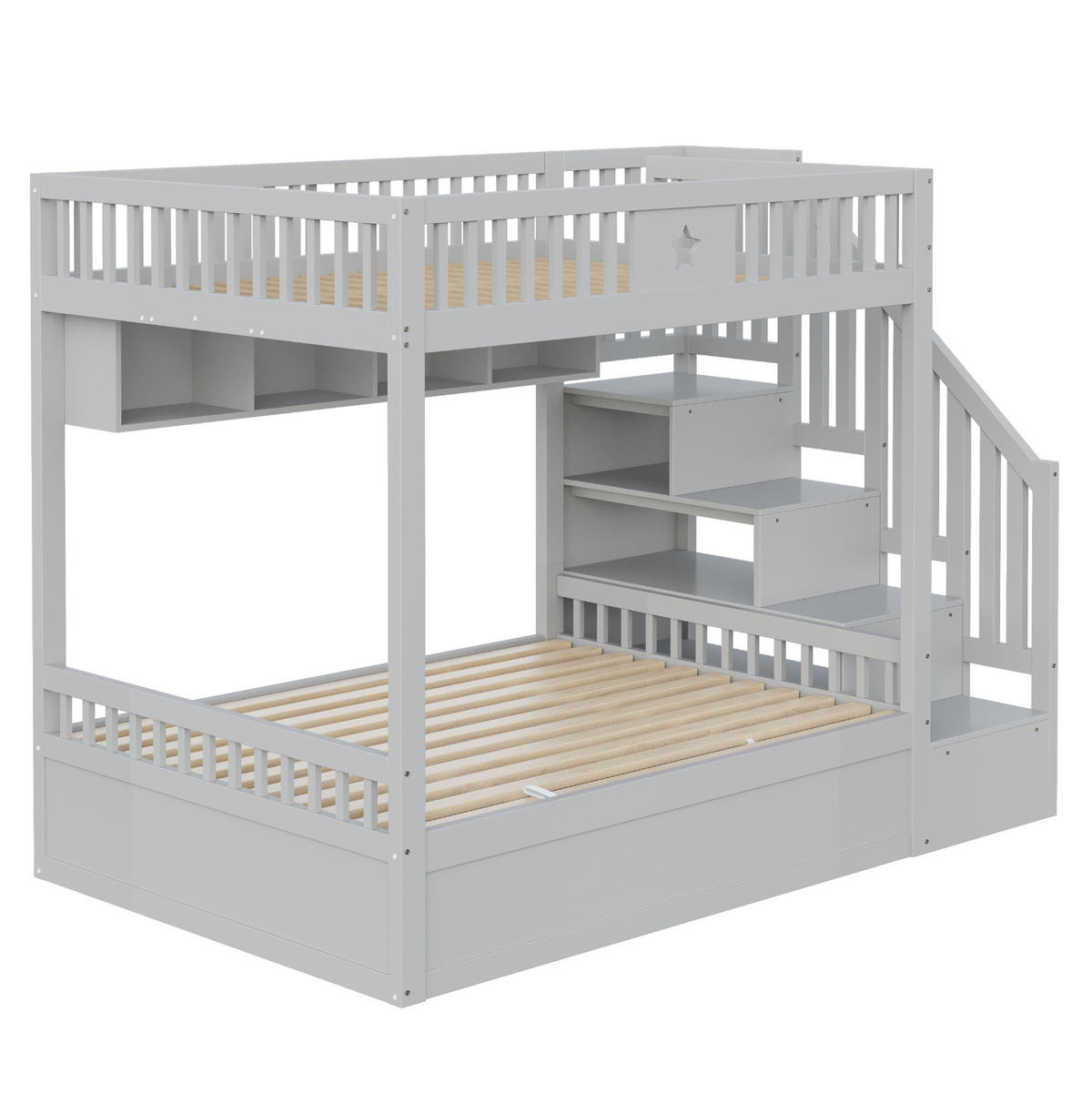 ETAGENBETT 140/200 cm Grau mit Stauraumtreppe und hydraulischem Bettkasten - Grau, Holzwerkstoff (140/200cm) - OKWISH