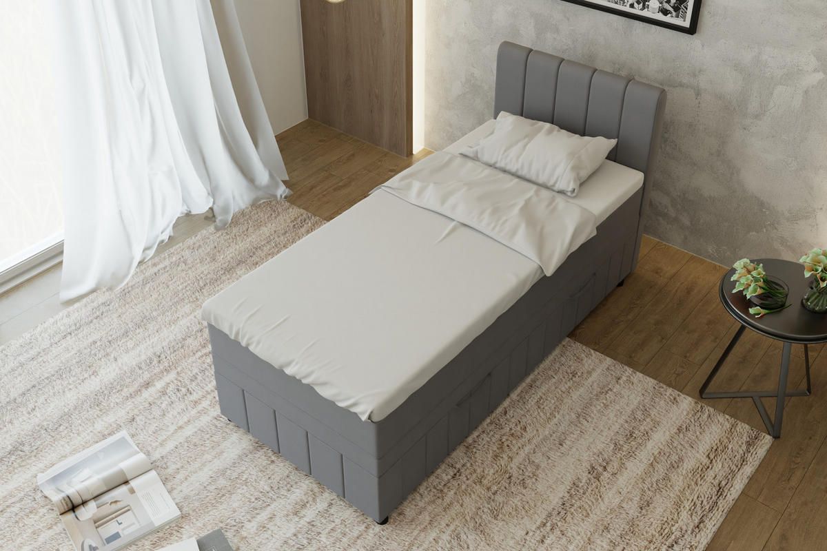 BOXBETT AVALON 90 x 200 cm mit Bettkasten und Topper - Dunkelgrau - Dunkelgrau, Holz - Panda Möbel