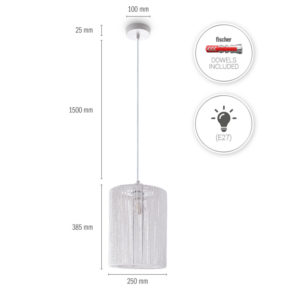 PENDELLEUCHTE Hugo Pd1 Ricarda - Weiß, Metall (25/25/38.5cm) - Paco Home