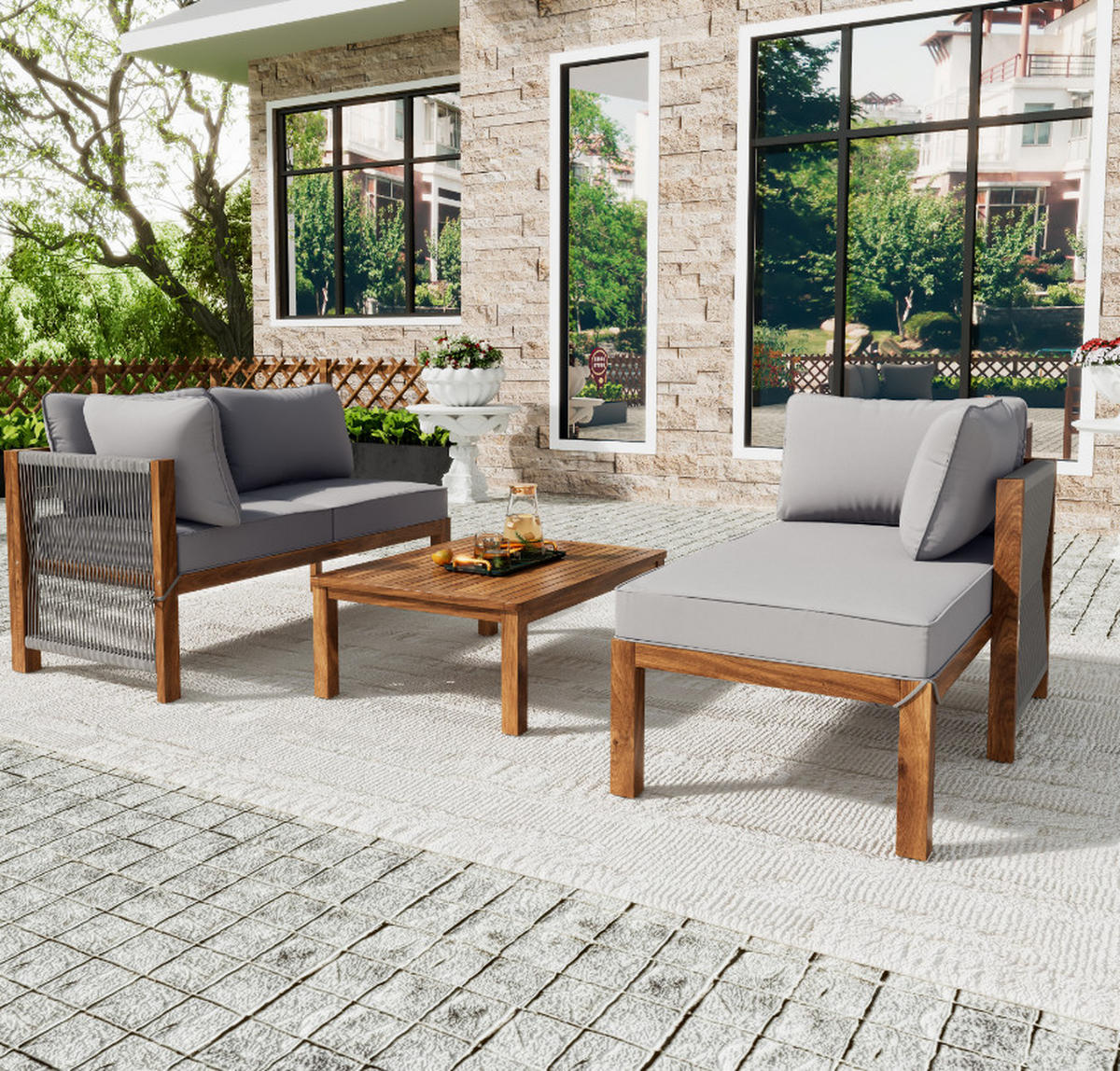 GARTENMÖBEL,2 Zweisitzer und 1 Tisch,grau - Grau, Holz - Vallsero
