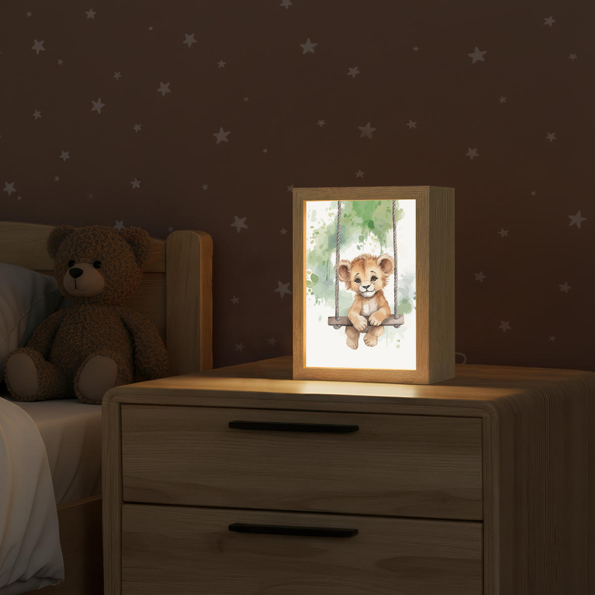 NACHTTISCHLAMPE Löwe - Tier - Kinder - Dschungel 15x20 cm - Weiß, Holzwerkstoff (8/15/20cm)