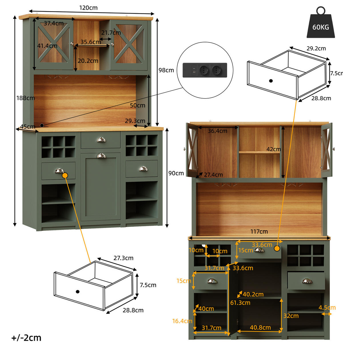 BUFFETSCHRANK 120/45/188 cm mit LED-Beleuchtung, Steckdosen, USB und Weinregal aus MDF und Glas, Antikgrün - Dunkelgrün, Holzwerkstoff (120/188/45cm) - Redom