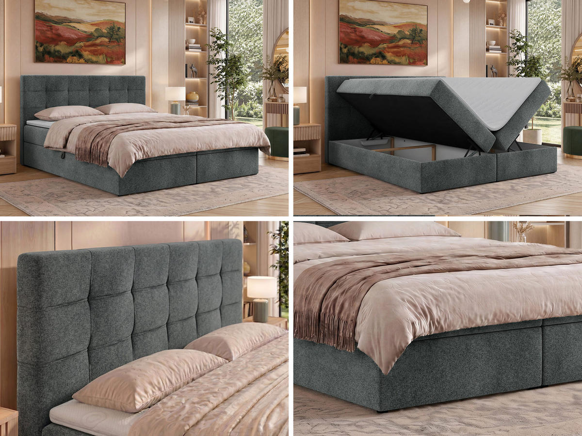 POSTEL BOXSPRING SOLVEN 200/200 - Tmavě šedá Strukturovaná látka - Topper T25 - H4 - černá/tmavě šedá, textil/plast (200/200cm) - MKS