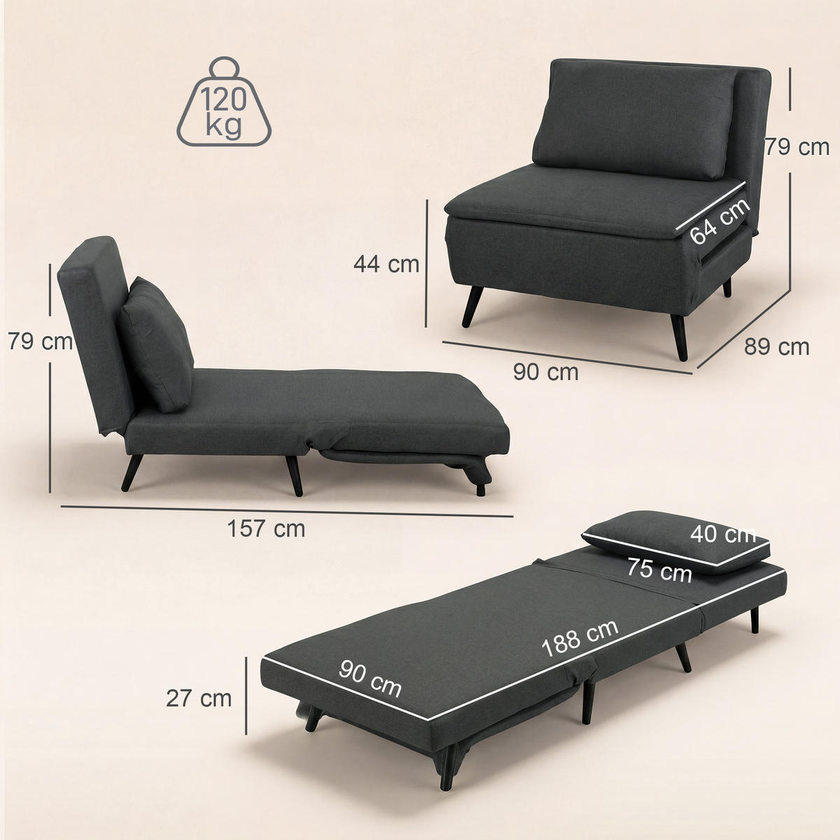 SCHLAFSESSEL Polyester Dunkelgrau - Dunkelgrau, Textil/Metall (89/79/90cm) - HOMCOM
