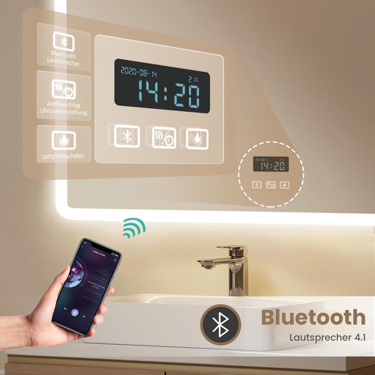 BADSPIEGEL mit Bluetooth Anti-Beschlag mit Integriertem Schminkspiegel 100/60 cm - Weiß, Glas (60/3.5/100cm) - EMKE