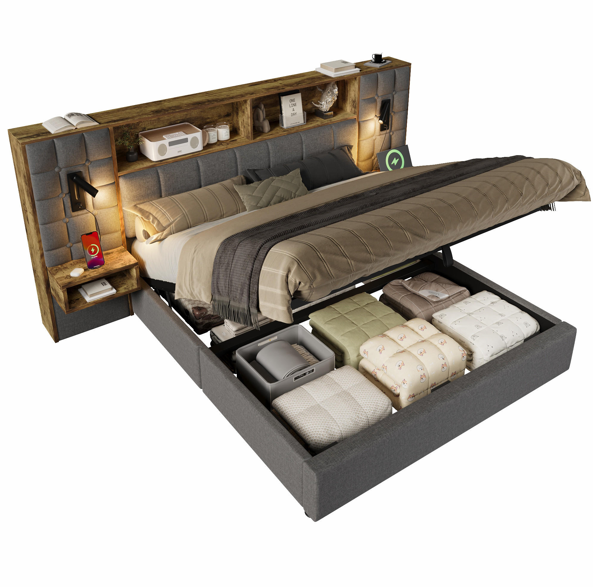 POLSTERBETT 160/200 cm aus Leinen mit Stauraum LED-Leselampen und Nachttischen Grau - Flieder, Textil (160/200cm) - Modenvie